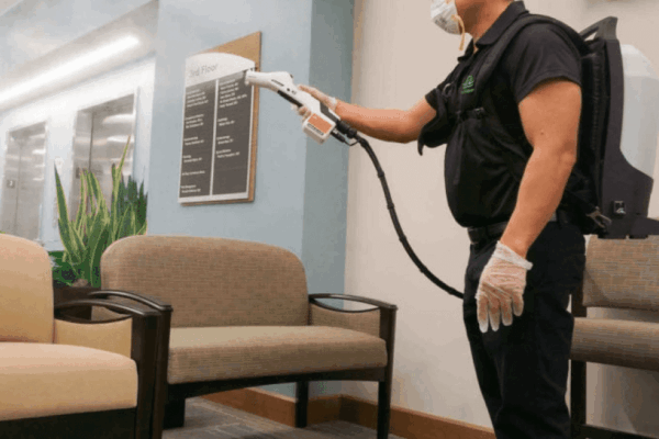 Person disinfecting chairs in a waiting area with a spray device.