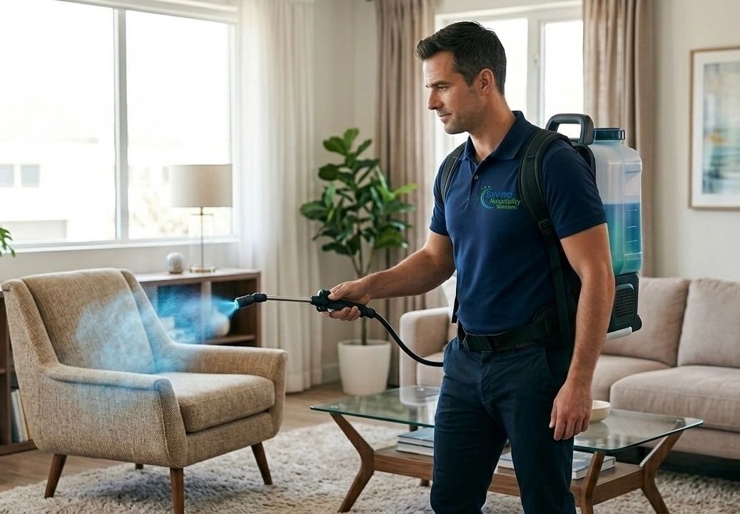 Person disinfecting a living room with spray.