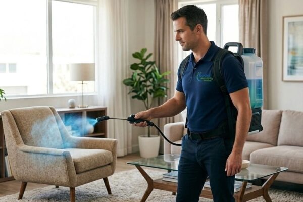 Person disinfecting living room with spray.
